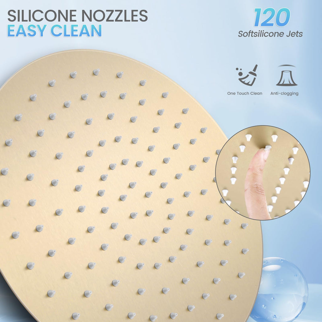 12 inch Brushed Gold Rainfall Shower Head - All Metal Stainless Steel Full Body Round Rain Shower with 120 Silicone