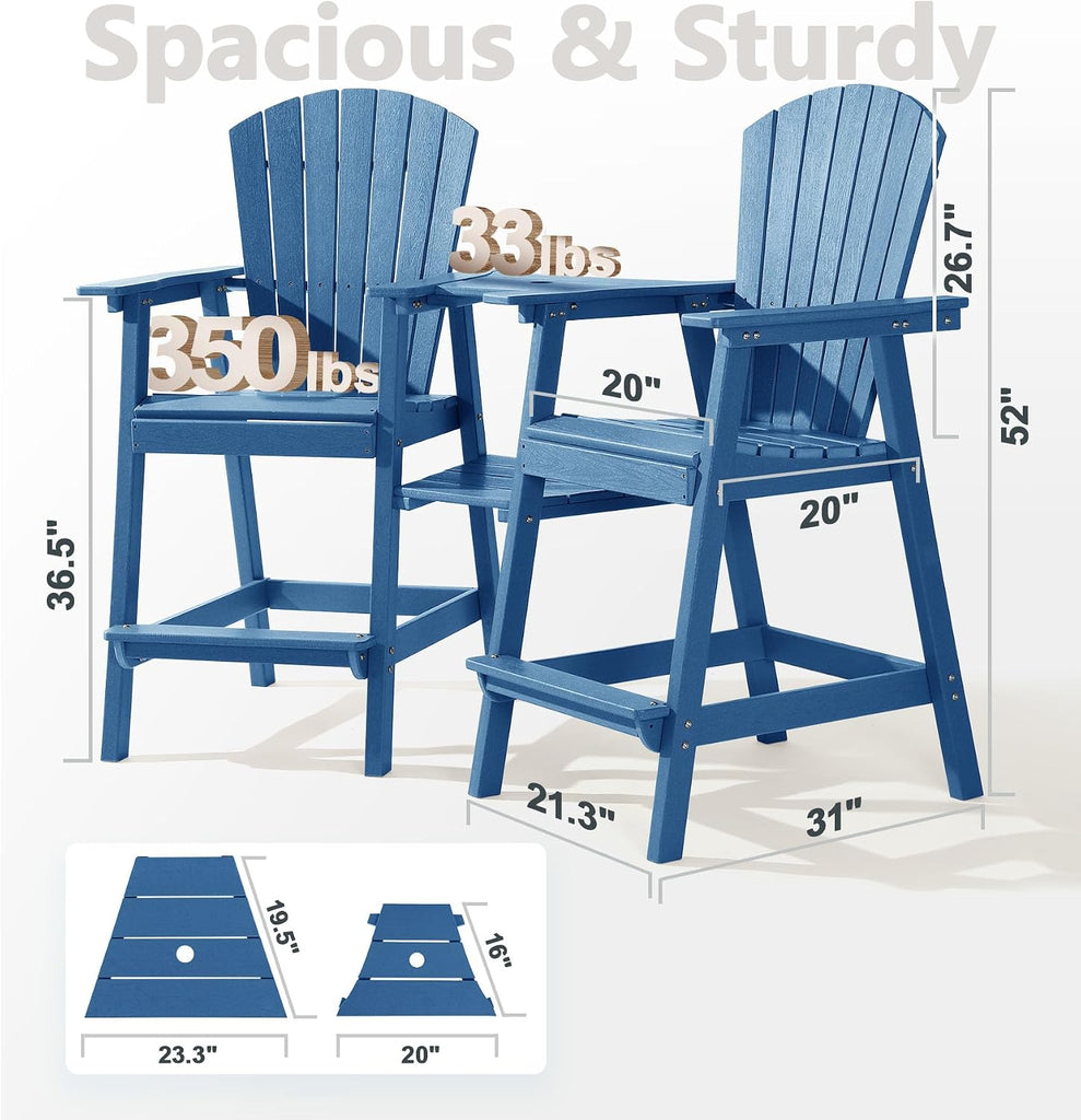 Tall Adirondack Chairs Set of 2, All-Weather HDPE Patio Chairs with Double Connecting Trays, Bar Height Heavy-Duty