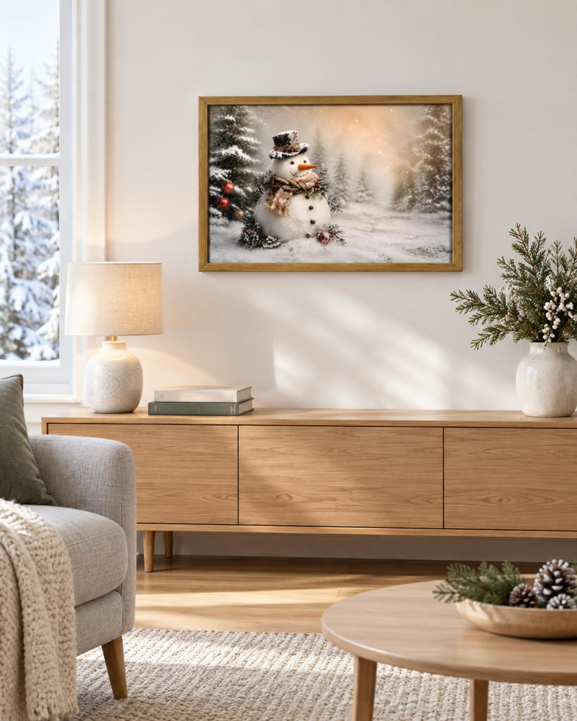 Vintage Christmas Wall Art 16x24 inch, Wood Framed Cute Snowman Canvas Wall Decor Painting, Rustic Winter Scene