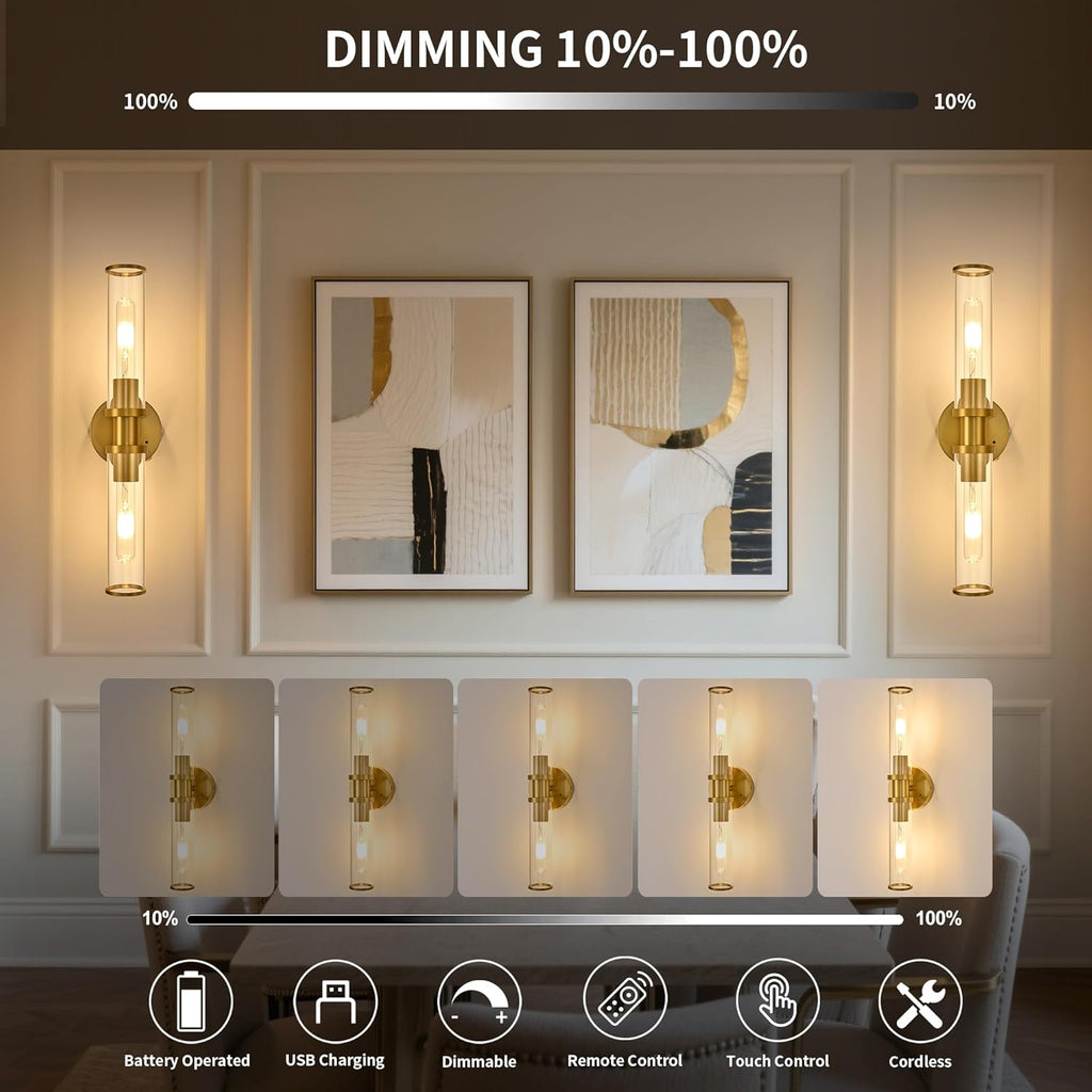 8000mAh Wireless Wall Sconces with Remote Control, Battery Operated Wall Sconce Set of 2 with Timer, Gold