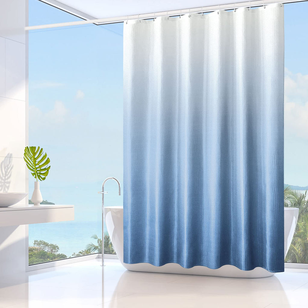 Blue Shower Curtain, Waffle Weave Textured Ombre Fabric Shower Curtain Set with Hooks, Water Repellent, Machine