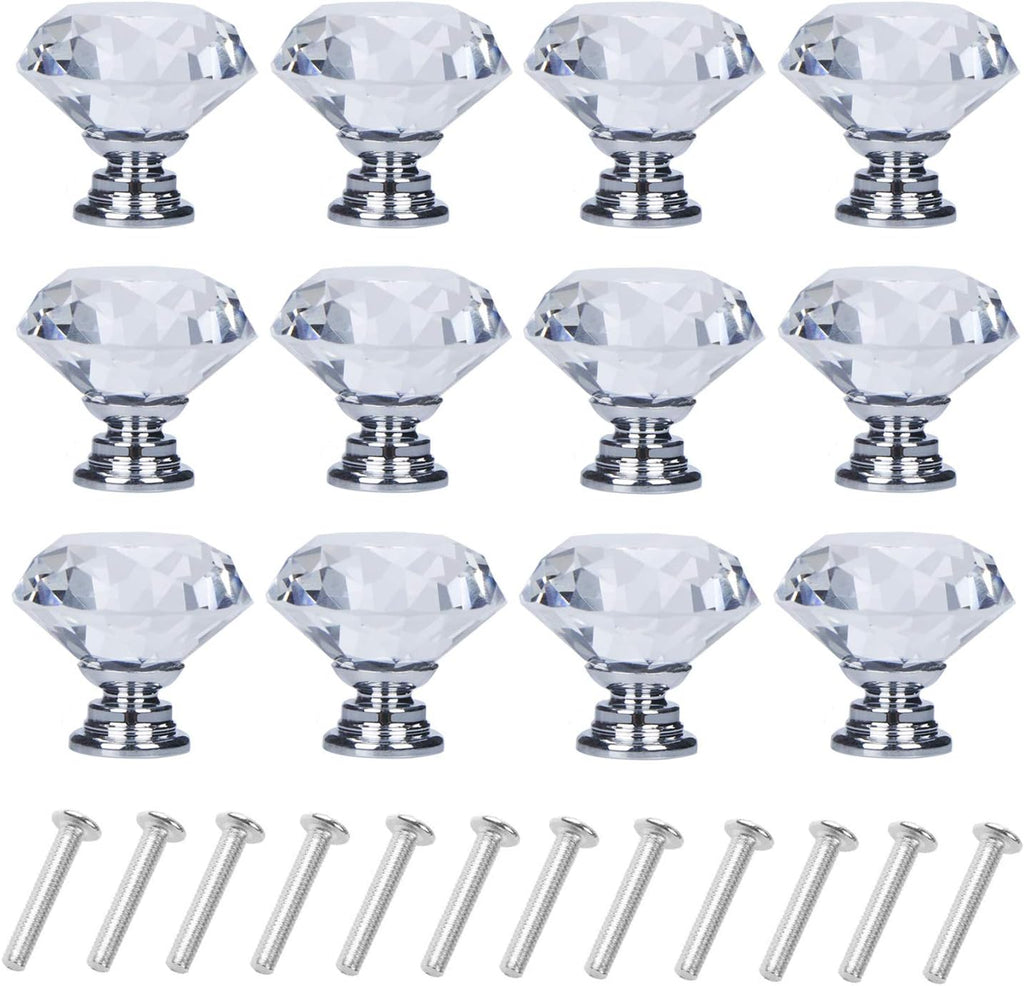 12 Pack Drawer Knobs Diamond Shaped Crystal Glass 30mm Cabinet Knobs Pull Handles (Silver)