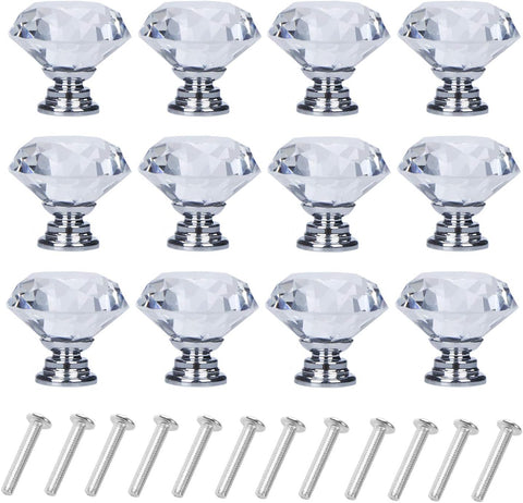 12 Pack Drawer Knobs Diamond Shaped Crystal Glass 30mm Cabinet Knobs Pull Handles (Silver)