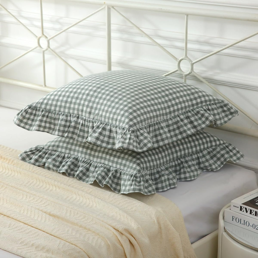 Dusty Green Gingham Plaid Ruffle Throw Pillow Covers 20"x20"