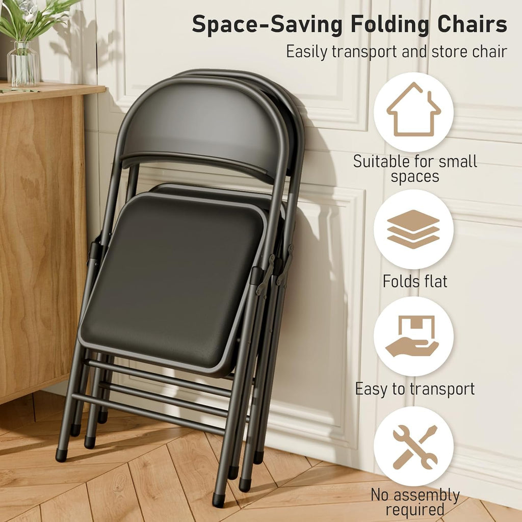 6 Pack Black Folding Chairs with Padded Cushion and Metal Frame, 350lbs