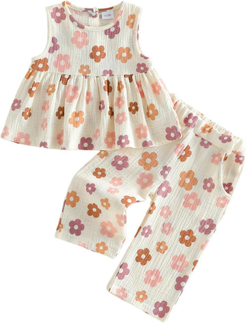 Toddler Baby Girl 2Pieces Clothes Set Boho Floral Print Tank Tops Cotton Gauze Pants Little Girl Summer Outfit