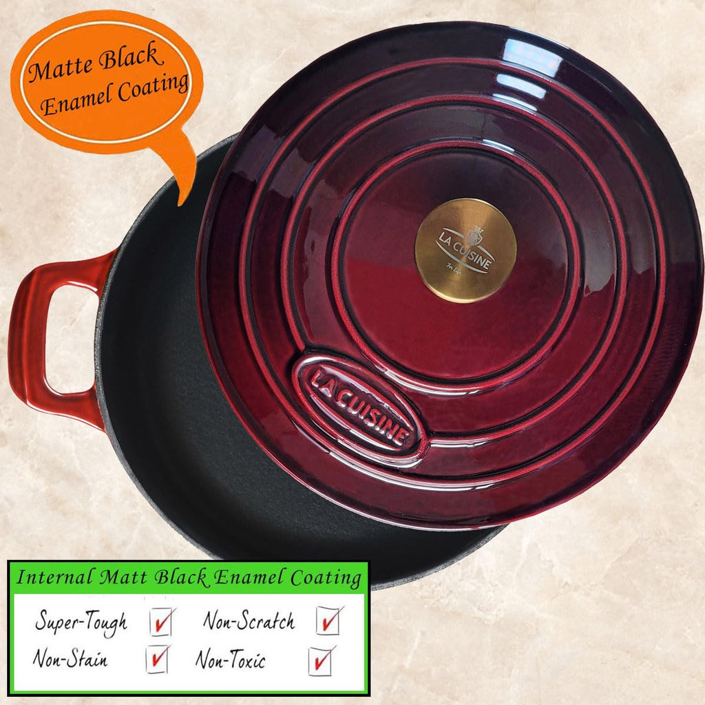 La Cuisine Enameled Cast Iron Braiser Sauté Pan Shallow Dutch Oven with Golden Knob for Lid Internal Matt Black