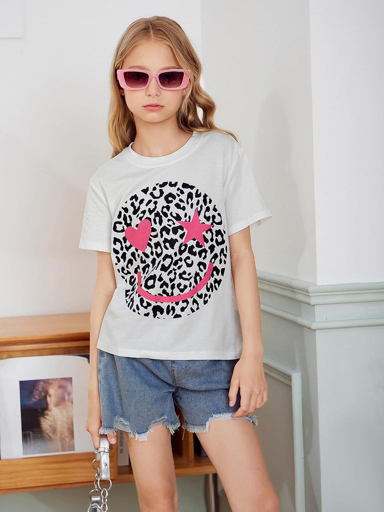 Girl's Leopard Graphic T Shirt Crew Neck Short Sleeve Tee Shirts