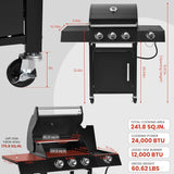 3-Burner Propane Gas Grill with Side Burner, 36,000 BTU Outdoor BBQ Grill with Lid Cover, 241 Sq. In. Cooking Area