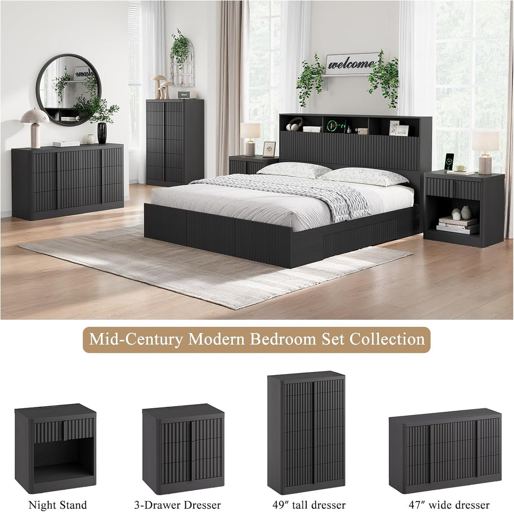 Fluted Dresser , 48" Tall 6 Drawer Dresser, Modern Chest of Drawers with Solid Wood Handle, Curved Profile Design