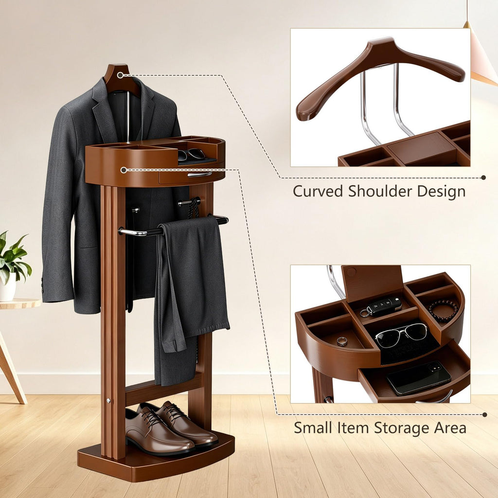 Wooden Suit Valet Stand with Drawer and Shoe Rack, Suit Stand for Men