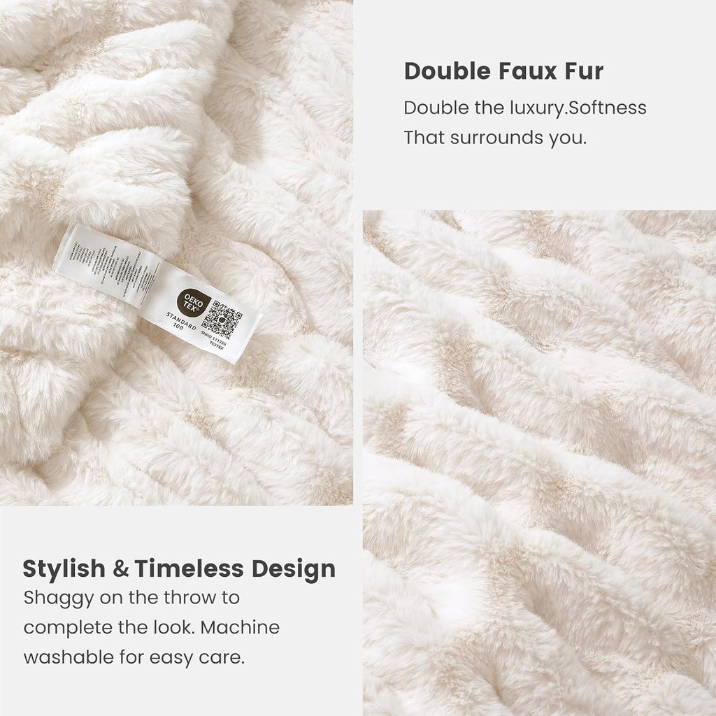 Premium Ruched Faux Fur Throw Blanket for Couch, Double-Sided Soft Textured Fuzzy Plush Blanket Decor, Bed & Living