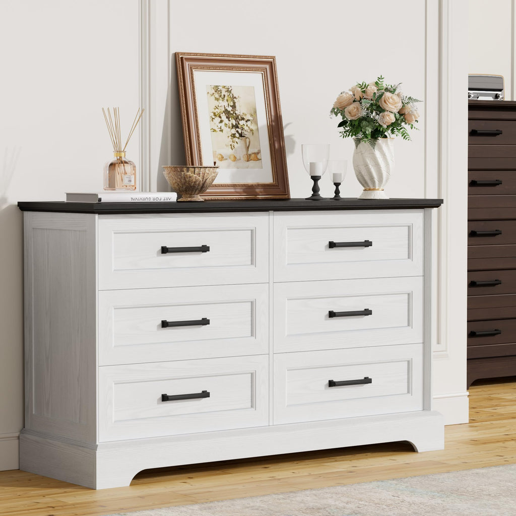 Farmhouse Dresser, 6 Drawers Dresser, White & Black
