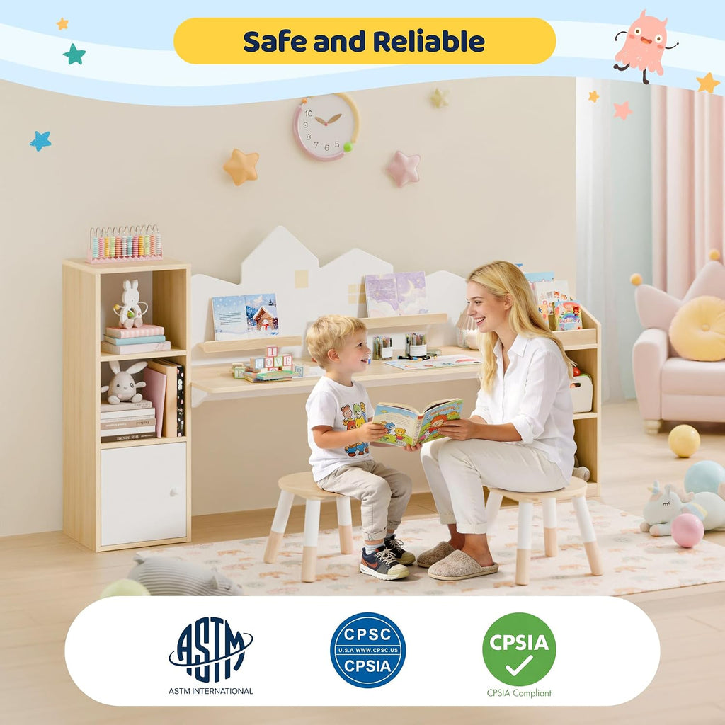 Kids Desk with Bookshelves and 2 Stools, Wooden Kids Desk and Chair Set with 5 Storage Cabinets, Children Writing
