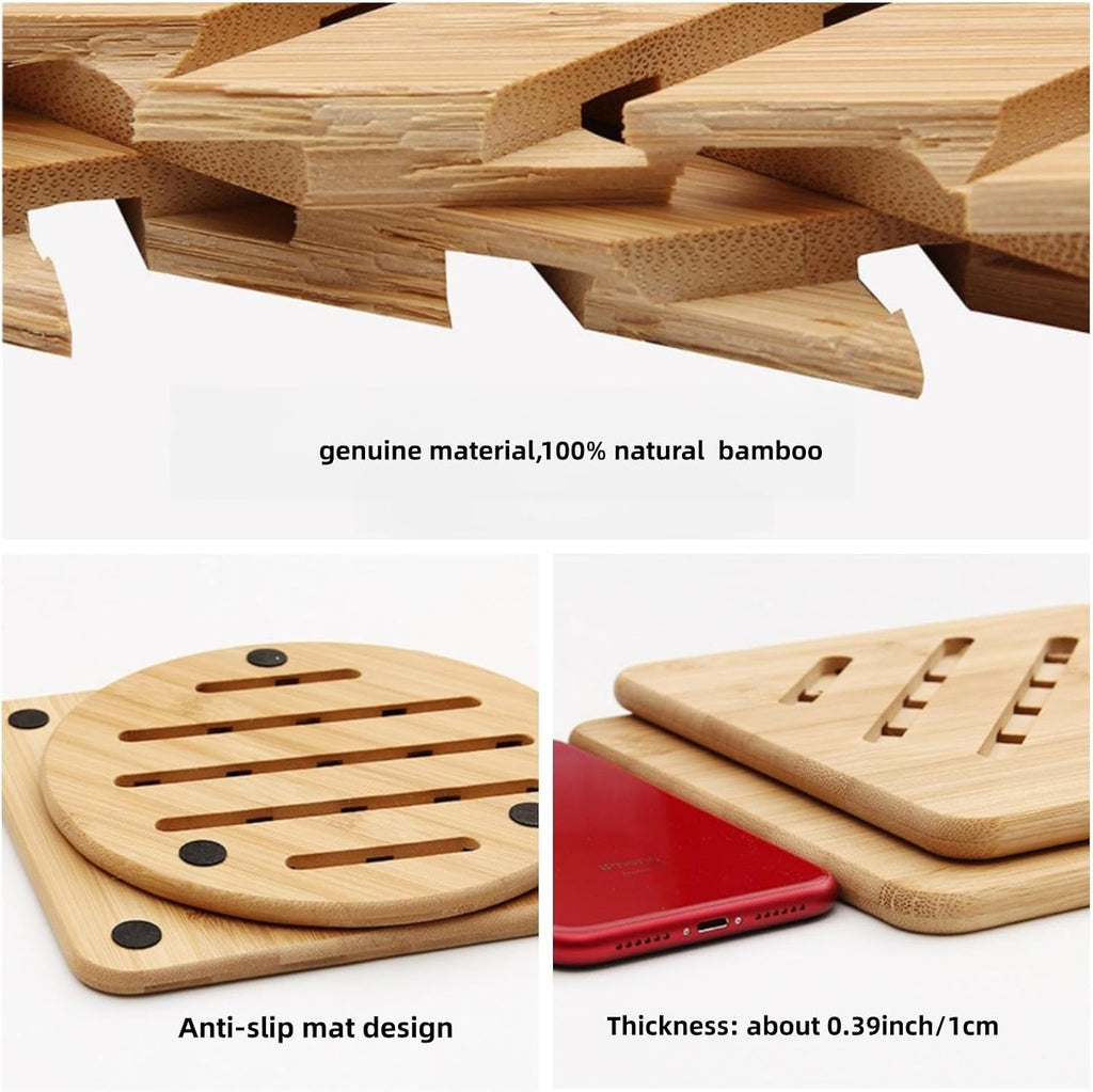Hot Pads Trivet,Table Solid Bamboo Wood Trivets for Hot Dishes and Pot with Non-Slip Pads Heat Resistant Pads Teapot - Set of 4
