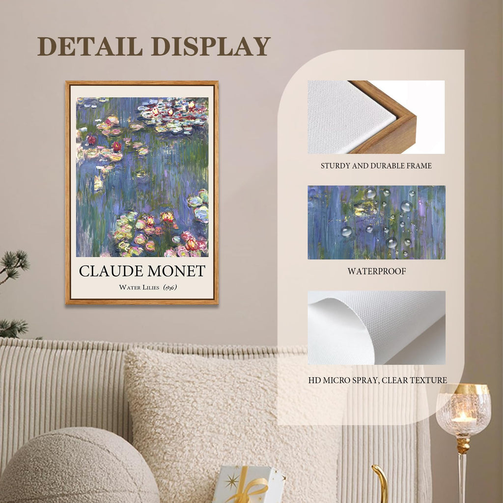 Claude Monet Framed Canvas Wall Art, Water Lilies Impressionist Famous Oil Painting, Modern Canvas Wall Art, bed room