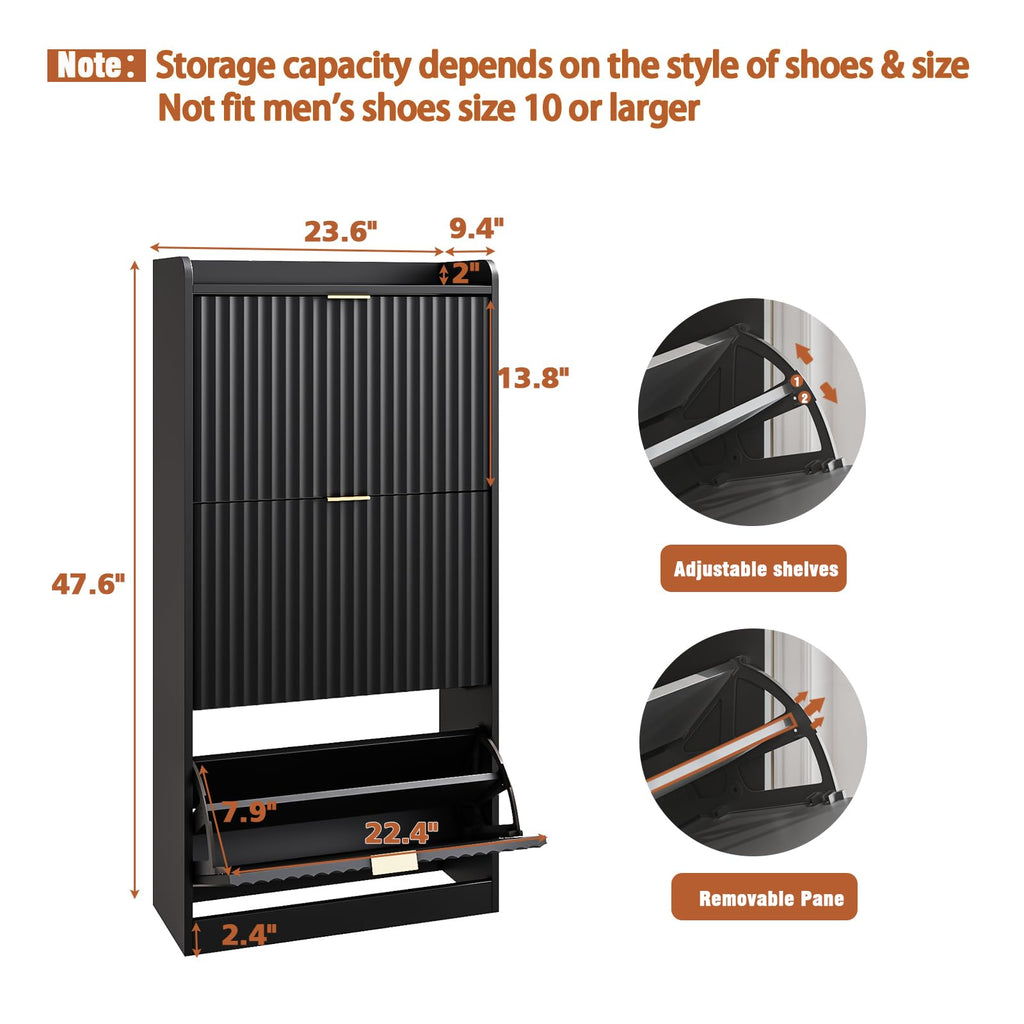 Black Fluted Slim Shoe Cabinet Storage with 3 Flip Drawers