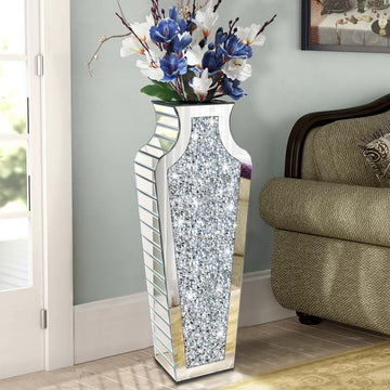 27" Tall Diamond Mirrored Floor Vase Silver Glass Decor for Flower No Water | Sparkling diamond mirror glass.