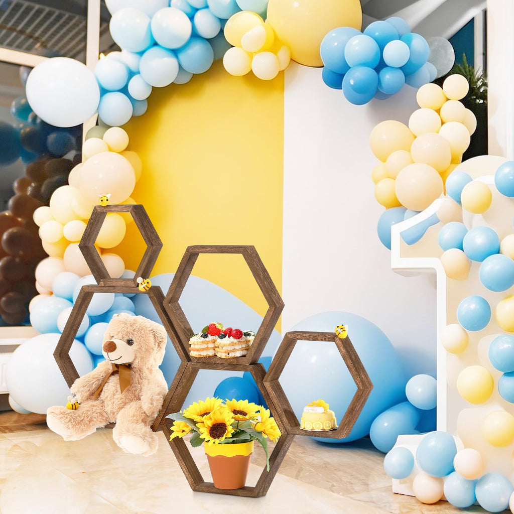 Honey Comb Decorations 5 Size Wood Hexagon Shelves, Dark Brown, 5 Pcs