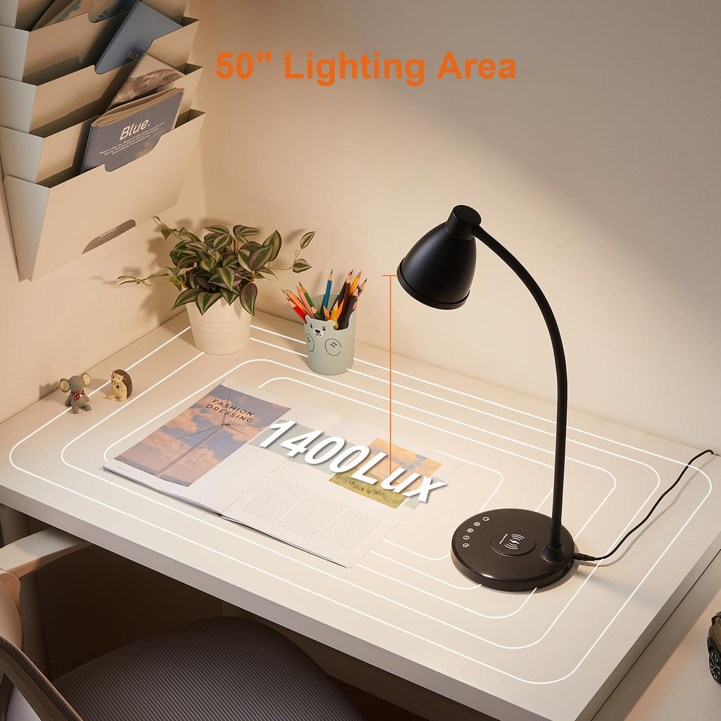 Desk Lamp with USB C+A Charging Ports Timer Black