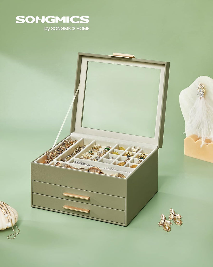 Jewelry Box Organizer, 3-Layer Storage with 2 Drawers, Glass Lid