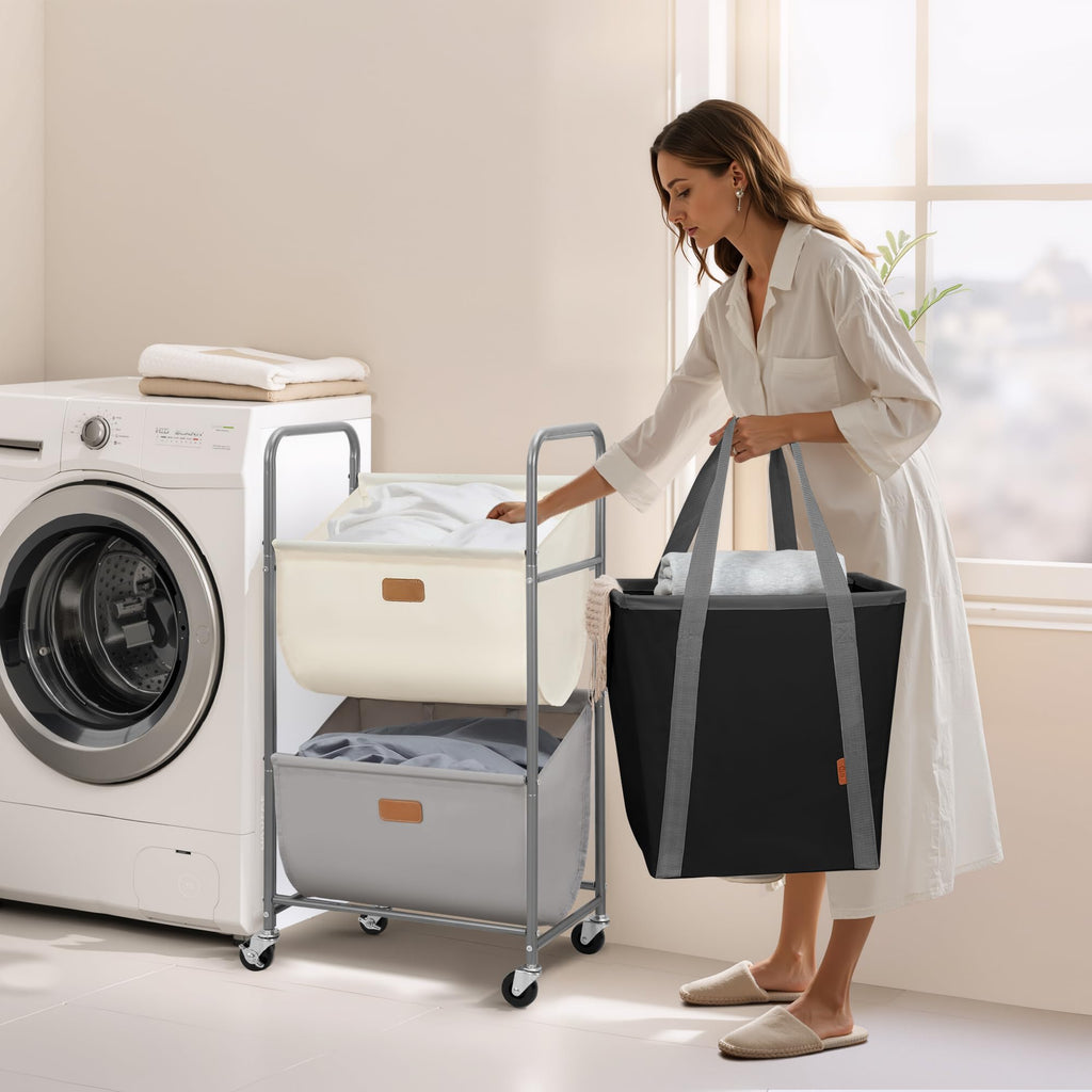80 Liters Vertical Rolling Laundry Hamper, 2 Section Laundry Sorter with Wheels and 2 Breaks, 2-tier Laundry Baskets