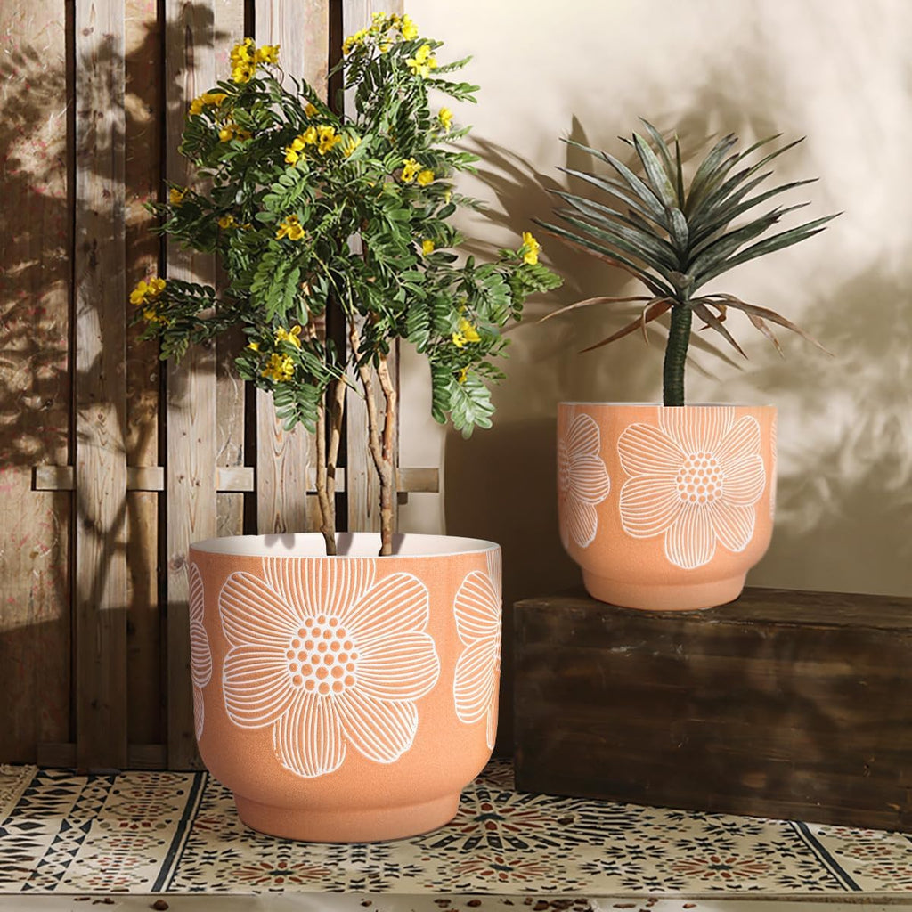 Ceramic Plant Pots, 8+6 Inch, 2 Pcs Indoor Planters with Drainage Holes