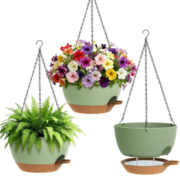 Set of 3-10 Inch Self Watering Hanging Planters for Indoor & Outdoor, Hanging Plant Pots with Drainage & Removable