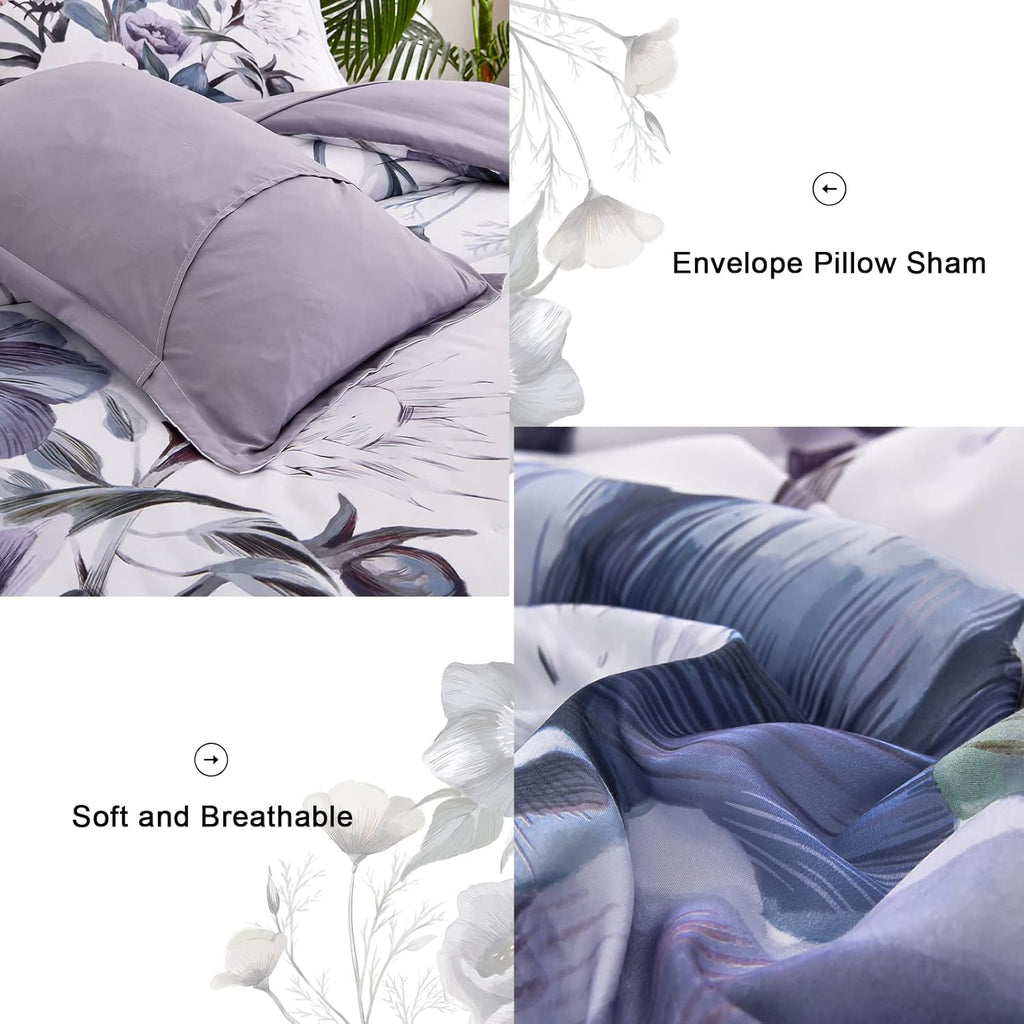 Luxudecor Floral Comforter Set Queen 7 Piece, Purple Flower Bed in a Bag, Elegant Floral Comforter with Sheet Set