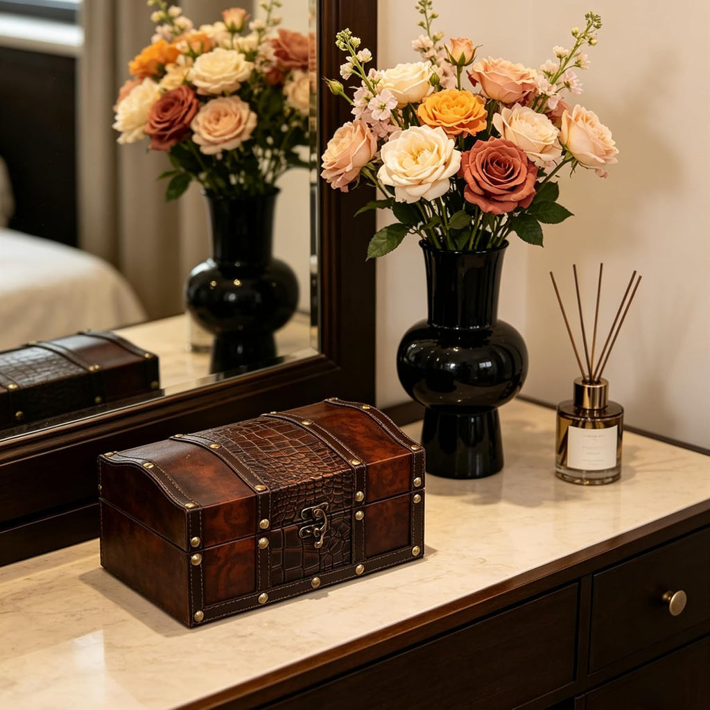Decorative Wooden Storage Box with Leather Clasp 9 Inch Long. Ideal Gift for Wedding Special Occasion Study Home Den
