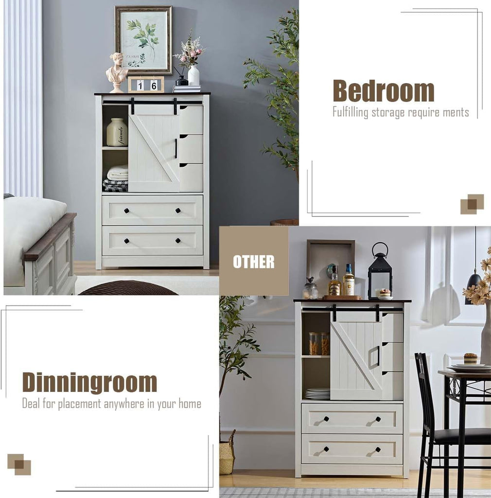 Antique White Dresser with 5 Drawers, 5 Chest of Drawers with Sliding Barn Door, Farmhouse Dresser