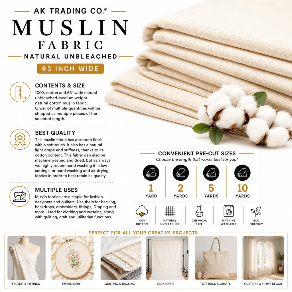 Muslin Fabric/Textile Unbleached - Draping Fabric - Natural 10 Yards Medium Weight - 100% Cotton (63in. Wide)