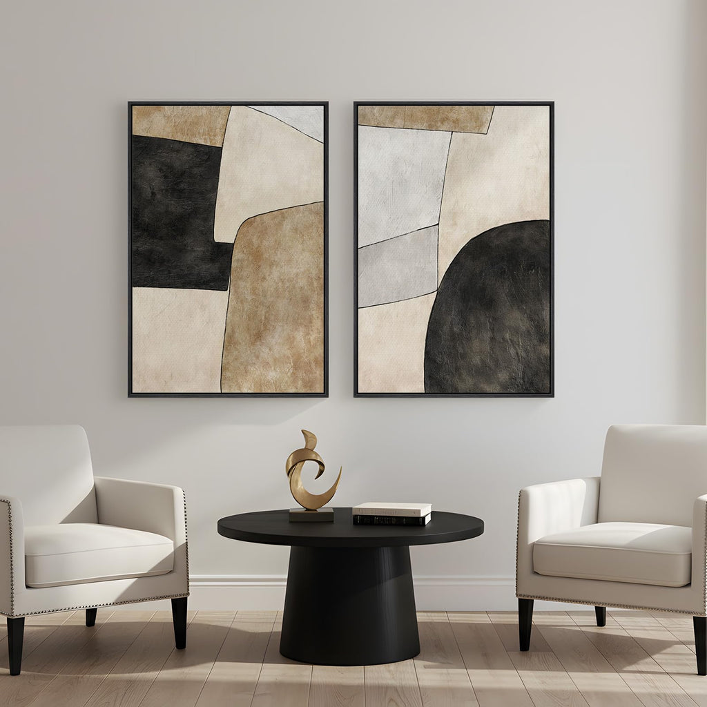 Framed Beige Black Mid century Abstract Wall Art, 24x36 In
