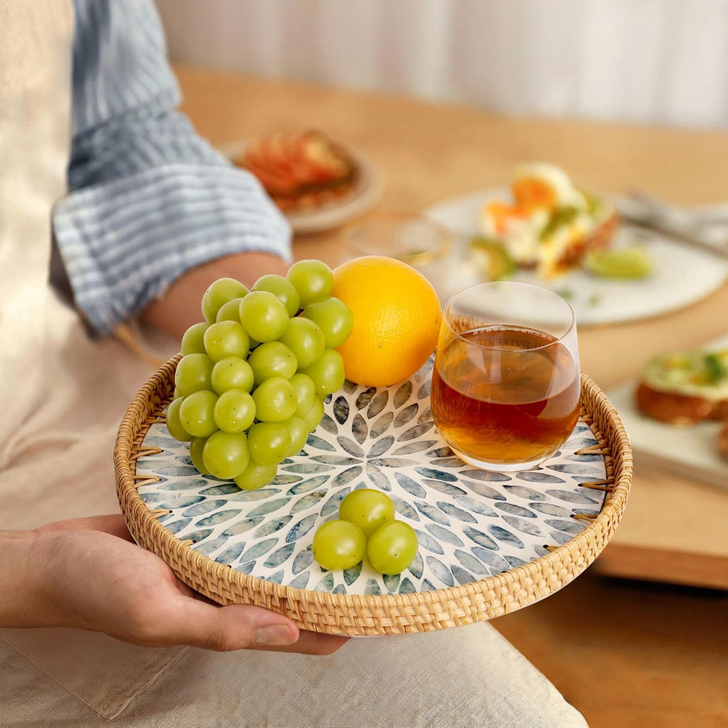 Round Rattan Tray with Mother of Pearl Inlay, Rattan Serving Tray for Coffee, Bread, Fruits, Decorative Wicker Tray