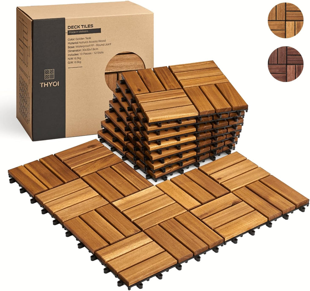 Premium Deck Tiles, Patio Flooring - Set 10 Pcs 12”x12”x0.9” Interlocking Deck Tiles, Waterproof Acacia Wood for