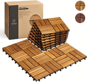 Premium Deck Tiles, Patio Flooring - Set 10 Pcs 12”x12”x0.9” Interlocking Deck Tiles, Waterproof Acacia Wood for