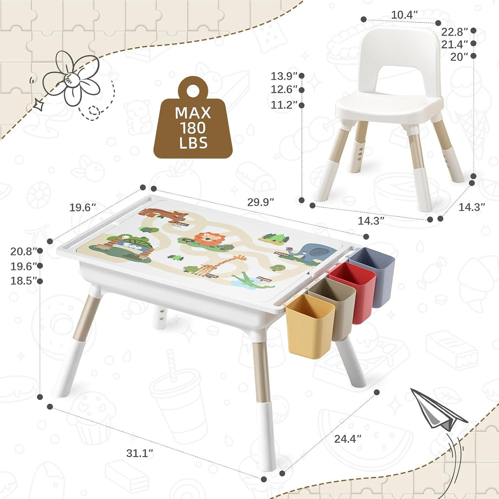 Kids Table and Chair Set with Storage, 6 in 1 Height Adjustable Toddler Table and 2 Chair Set, Toddler Kids Activity