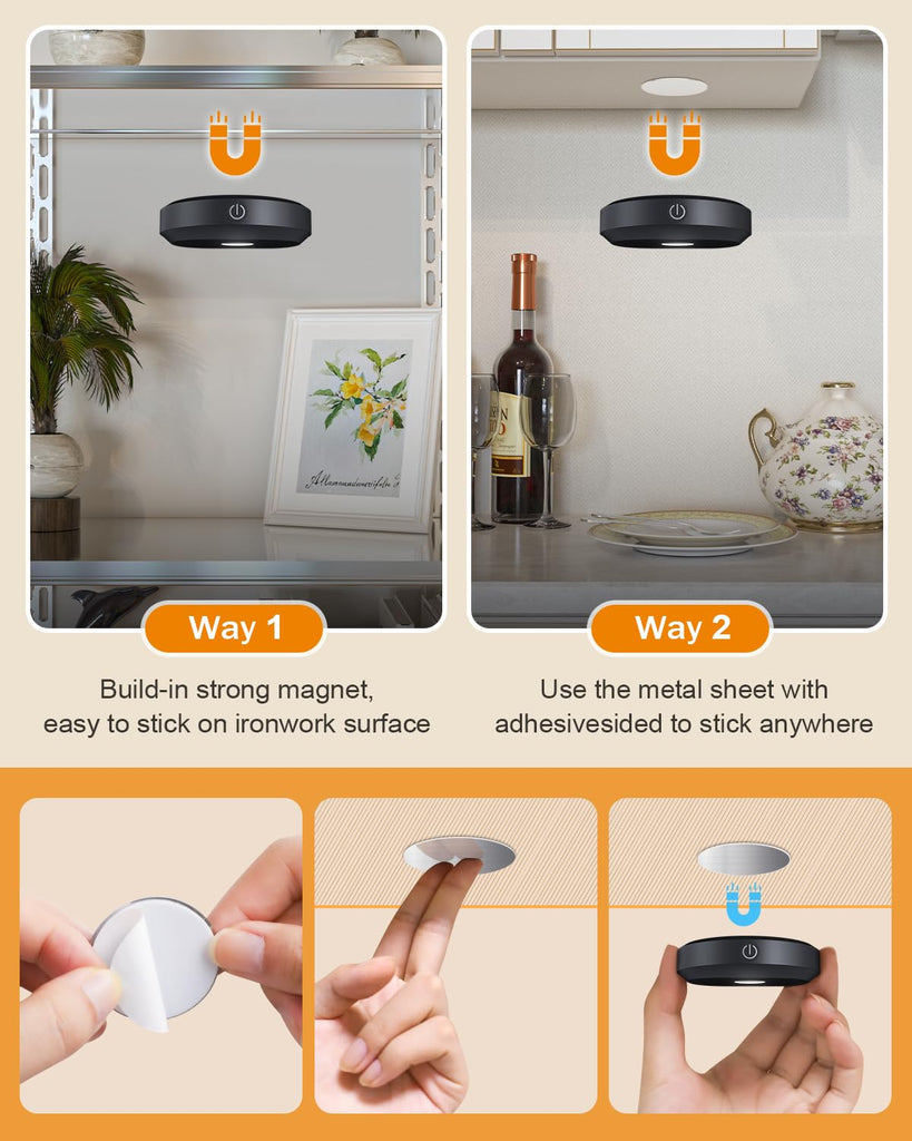RGB Under Cabinet Lights,Rechargeable Puck Lights with Remote Control, Wireless Push Light with Timer