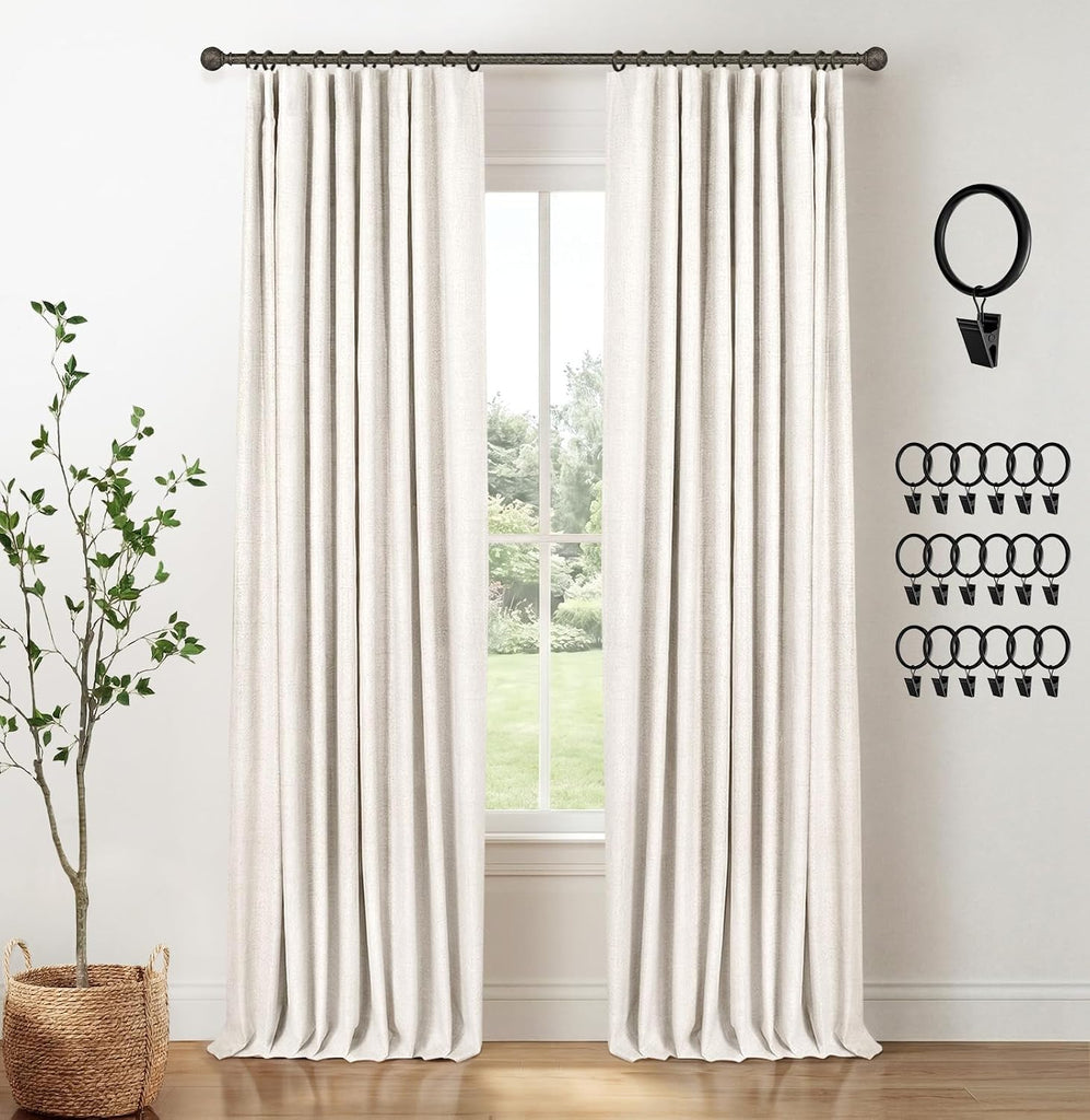 100% Blackout Curtains, Black Out Curtains 96 Inch Long, Clip Rings Linen Blackout Drapes, Thermal Insulated Room