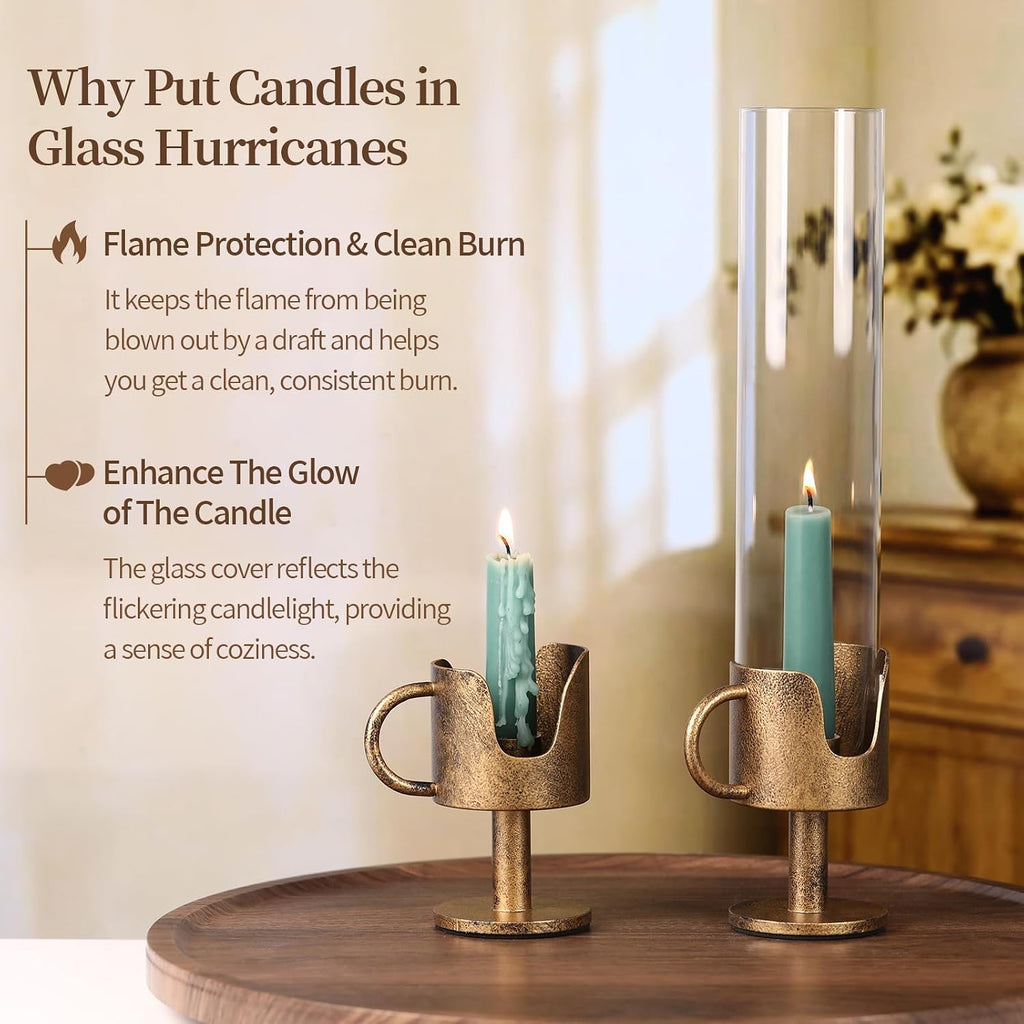 Vintage Cast Iron Hurricane Glass Candle Holder for Taper Candles Set of 2 | Handcrafted Handle Brass Candlestick