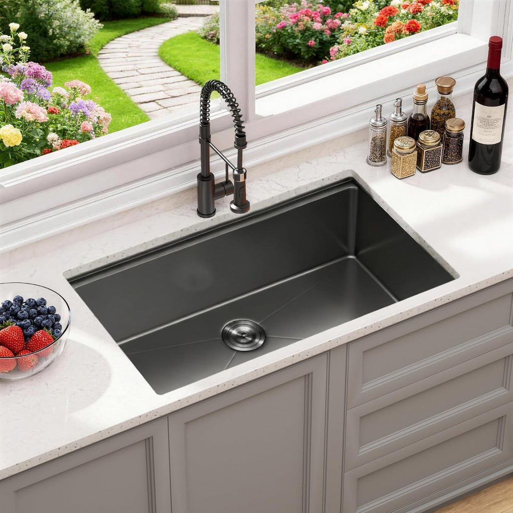 Black Stainless Steel Kitchen Sink: 32in Single Bowl Undermount Workstation | 8.625" Deep Single Bowl 304 Stainless