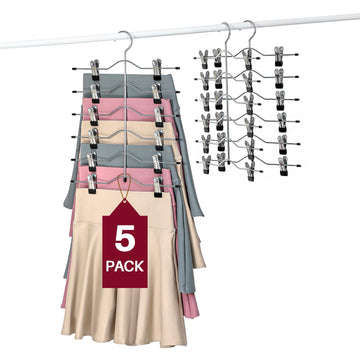 Multi Layer Pants Hangers, 6 Tier Skirt Hangers with Adjustable Clips, Non Slip Space Saving Closet Organizer Heavy