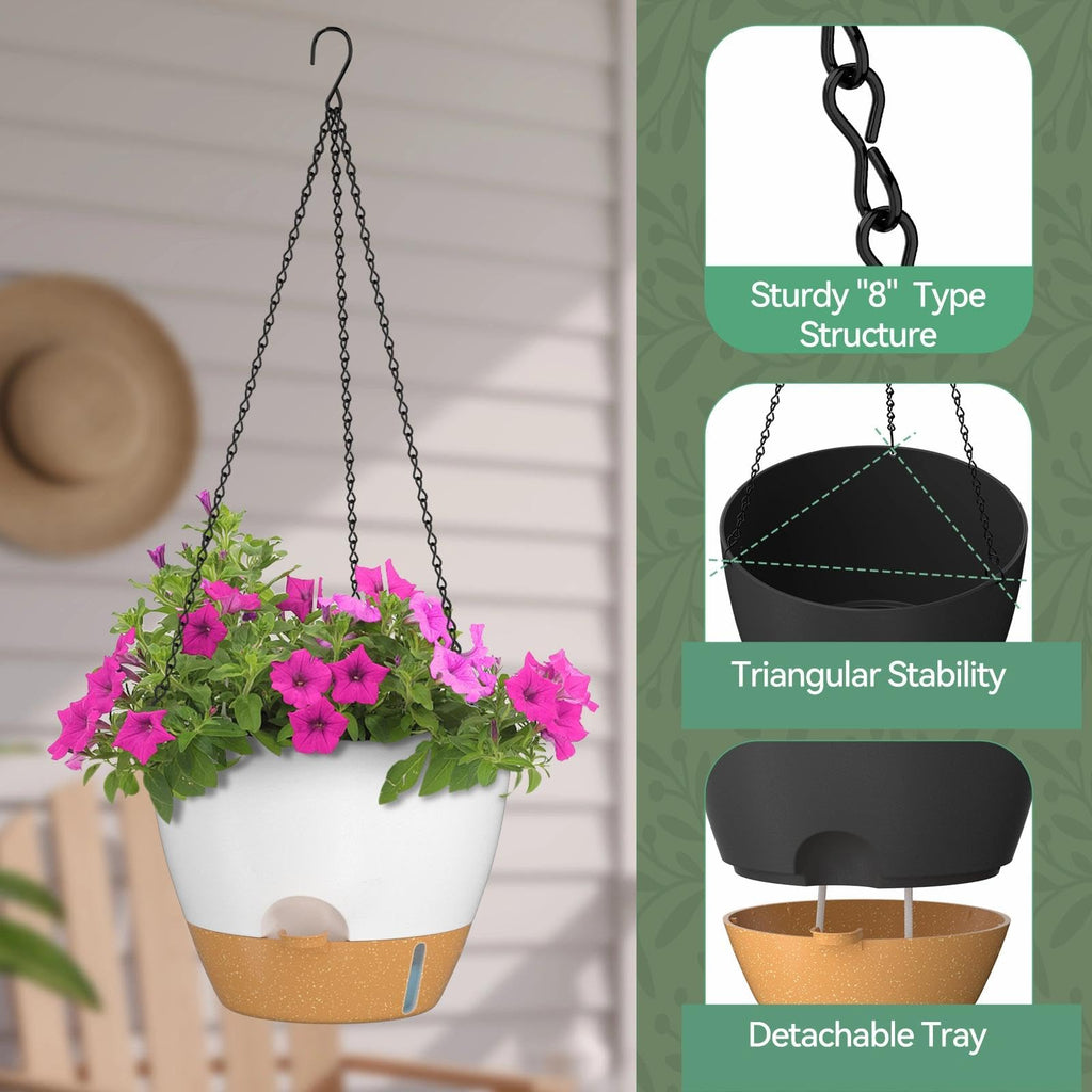 12 Inch Large Self Watering Hanging Planters for Indoor Outdoor Plants - Water Level Indicator & Removable 60 Oz