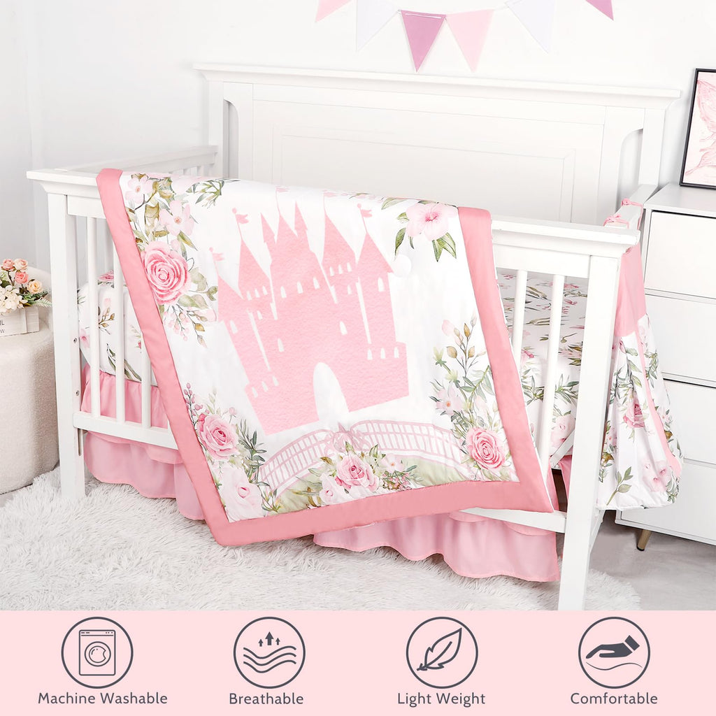 4 Pcs Pink Crib Bedding Set for Girls, Castle Baby Crib Comforter