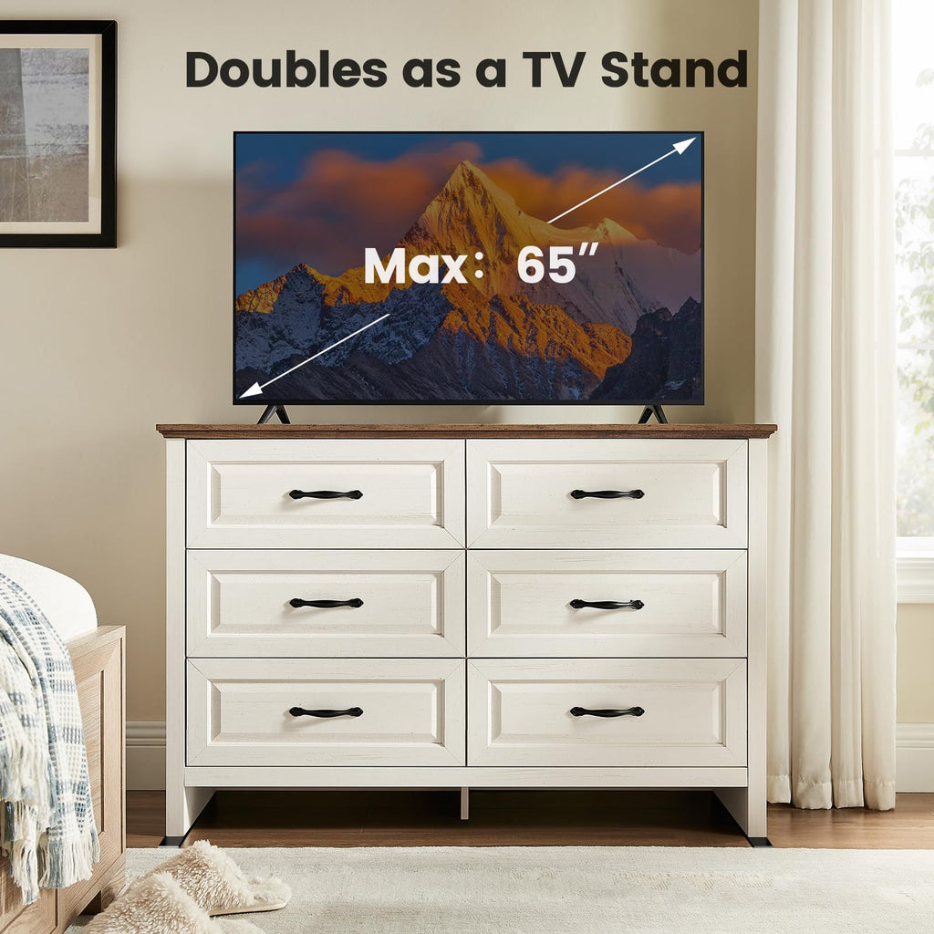 Farmhouse 6 Drawer Dresser, Wood with Natural Texture, Brown & White