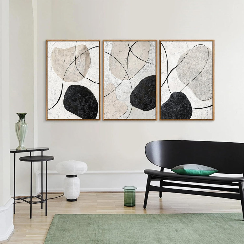 Black and White Framed Canvas Wall Art Set, Neutral Abstract Wall Decor, Modern Minimalist Geometric Art Prints, Calm