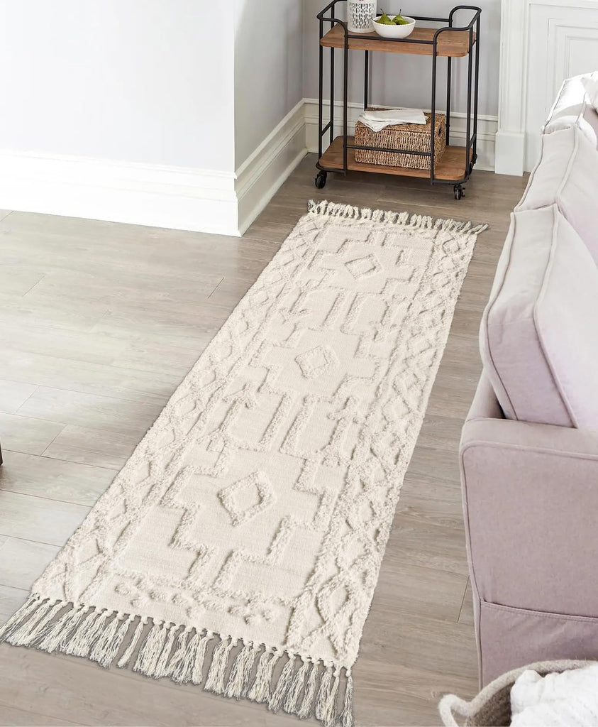 Boho Hallway Runner Rug, Beige Cotton Washable Kitchen Rug Runners with Tassels, Hand Woven Western Entryway