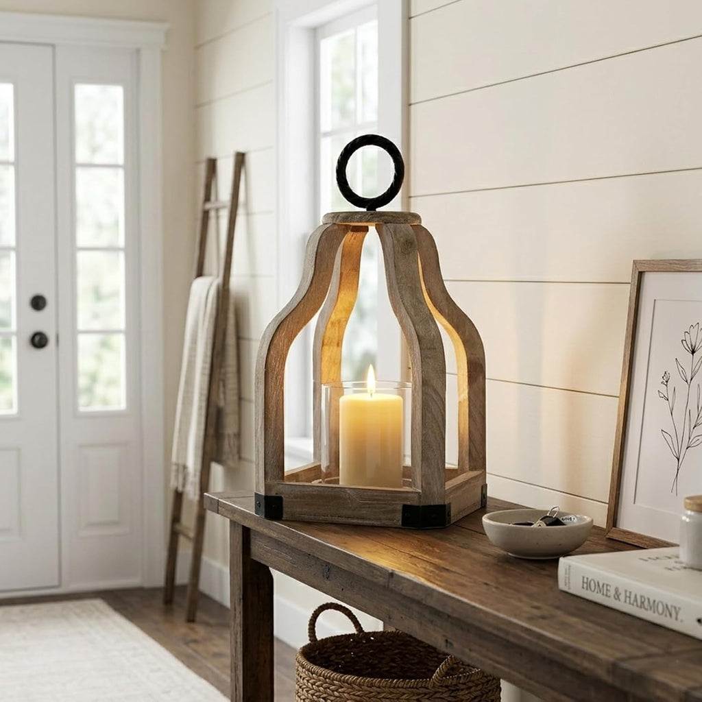 13" Rustic Farmhouse Wood Candle Hurricane Lantern with Glass Candlestick Holder for Patio, Table Centerpiece, White