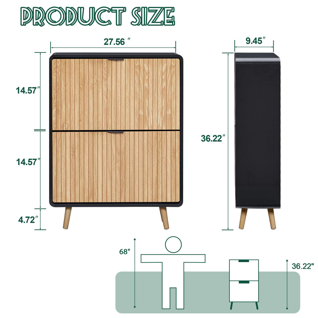 Narrow Shoe Cabinet Storage, Slim Shoe Cabinet with 2 Flip Drawers, Fluted Shoes Rack Organizer (Natural with Black