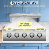 24 Inch Stainless Steel Under Cabinet Range Hood 280 CFM LED Lights, Charcoal Filter Convertible Ducted/Ductless